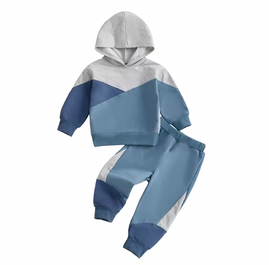 Blue Colorblock Hooded Lounge Set