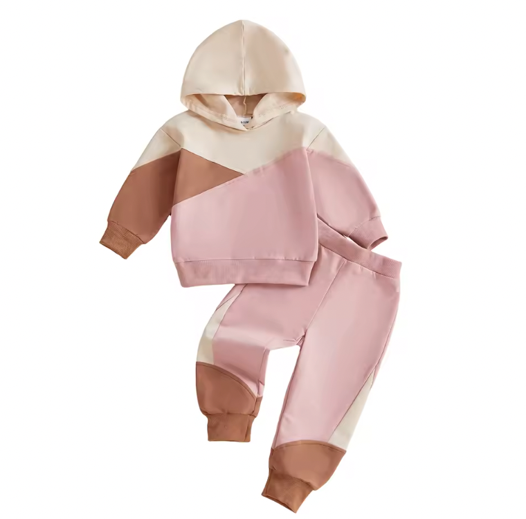 Rose and Brown Colorblock Hooded Lounge Set