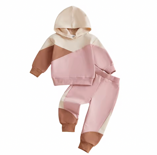 Rose and Brown Colorblock Hooded Lounge Set