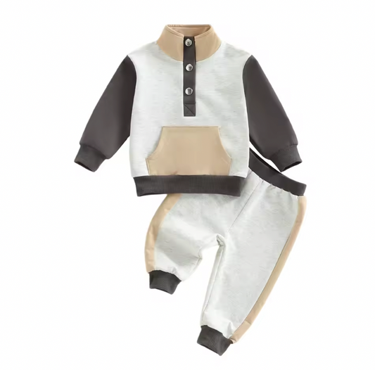 Charcoal and Tan Colorblock Button Lounge Set