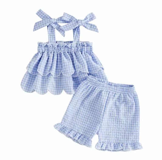 Blue Ruffle Gingham Bow Sleeve Short Set