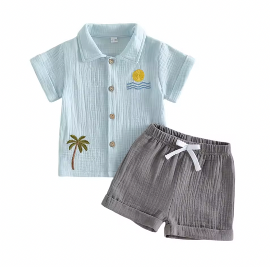 Blue Linen Embroidered Sunshine Short Set