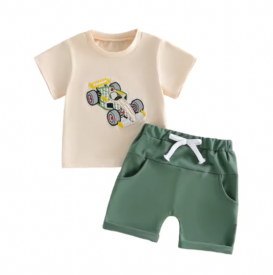 Embroidered Patchwork Racecar Short Set