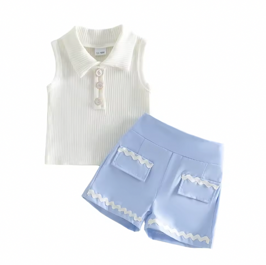 Collared Tank Blue Short Set