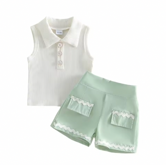 Collared Tank Green Short Set
