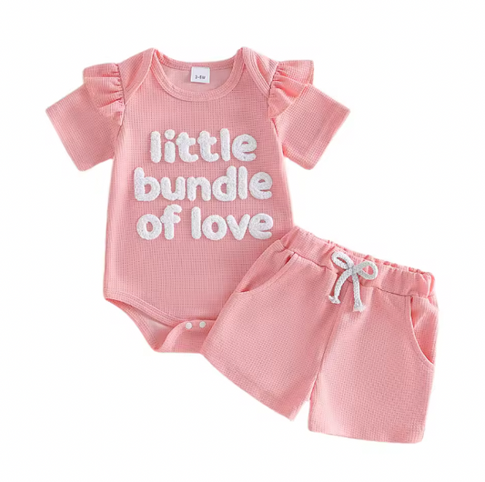 Pink Waffle Knit Little Bundle of Love French Knot Short Set