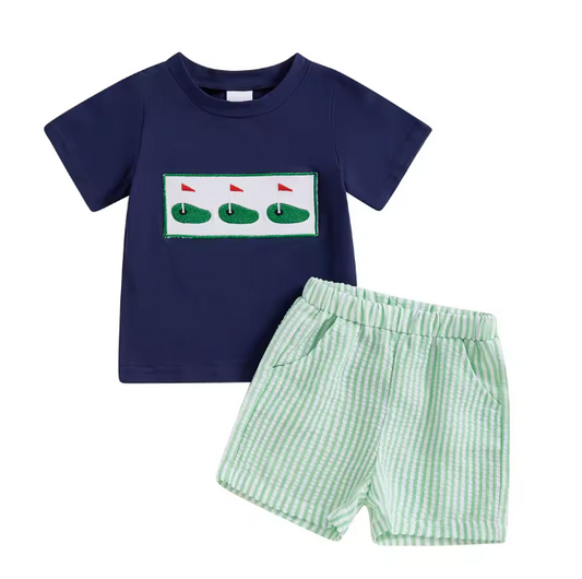 Navy Applique Golf Green Seersucker Short Set