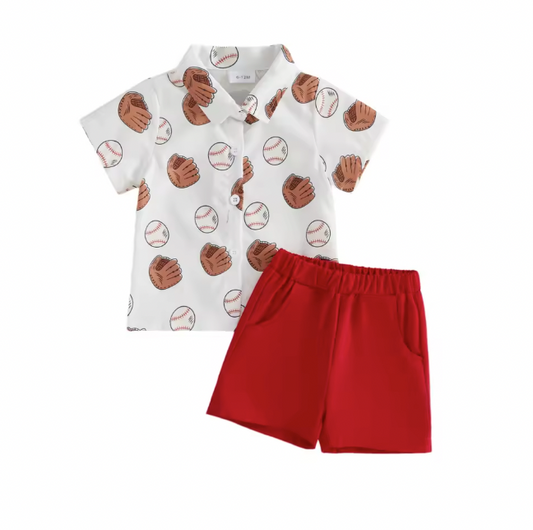 Red Baseball Collared Short Set