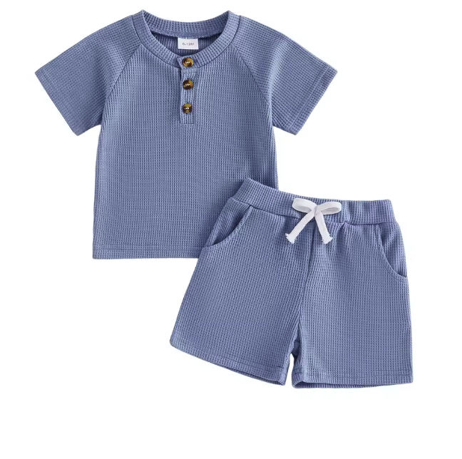 Waffle Knit Solid Blue Button Short Set