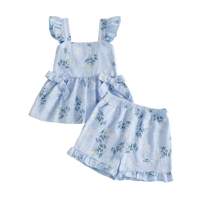 Blue Floral Bow Ruffle Tank Short Set