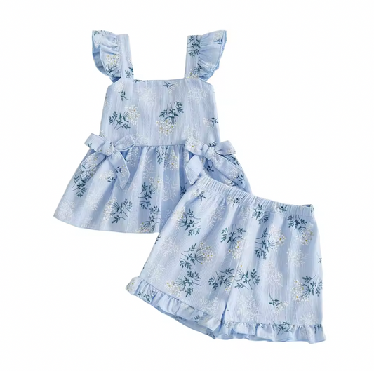 Blue Floral Bow Ruffle Tank Short Set