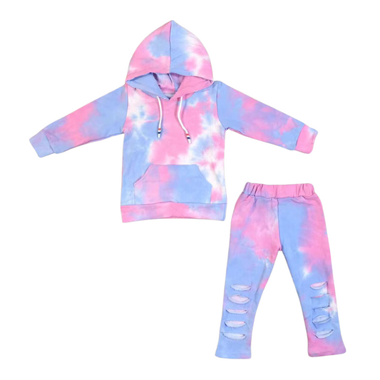 Pink and Blue Distressed Tie Dye Hoodie Set RTS