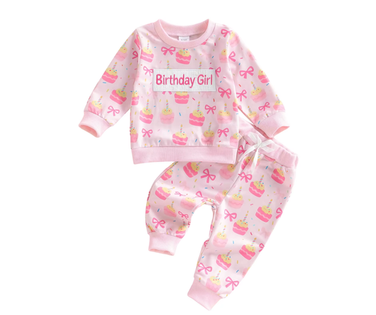 Embroidered Birthday Girl Pink Cake Lounge Set