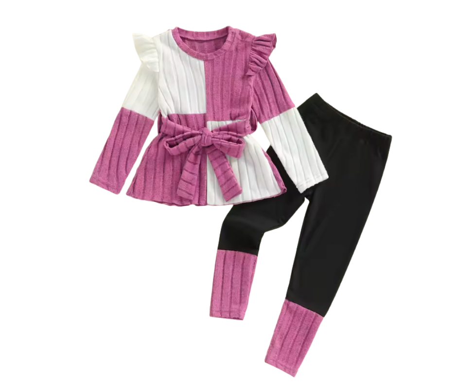 Pink and White Colorblock Peplum Legging Set