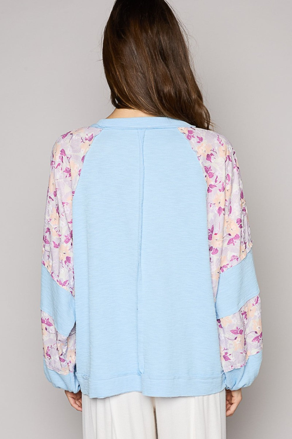 POL Round Neck Balloon Floral Long Sleeve Top