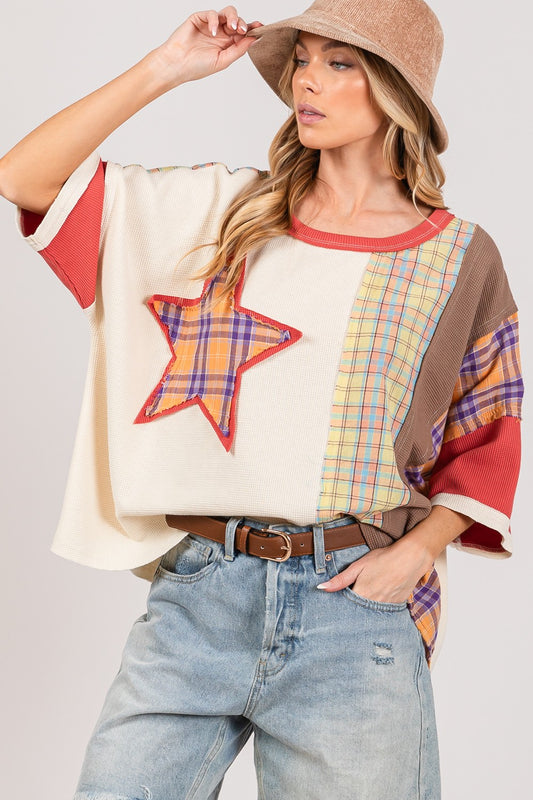 SAGE + FIG Round Neck Plaid Star Patch T-Shirt