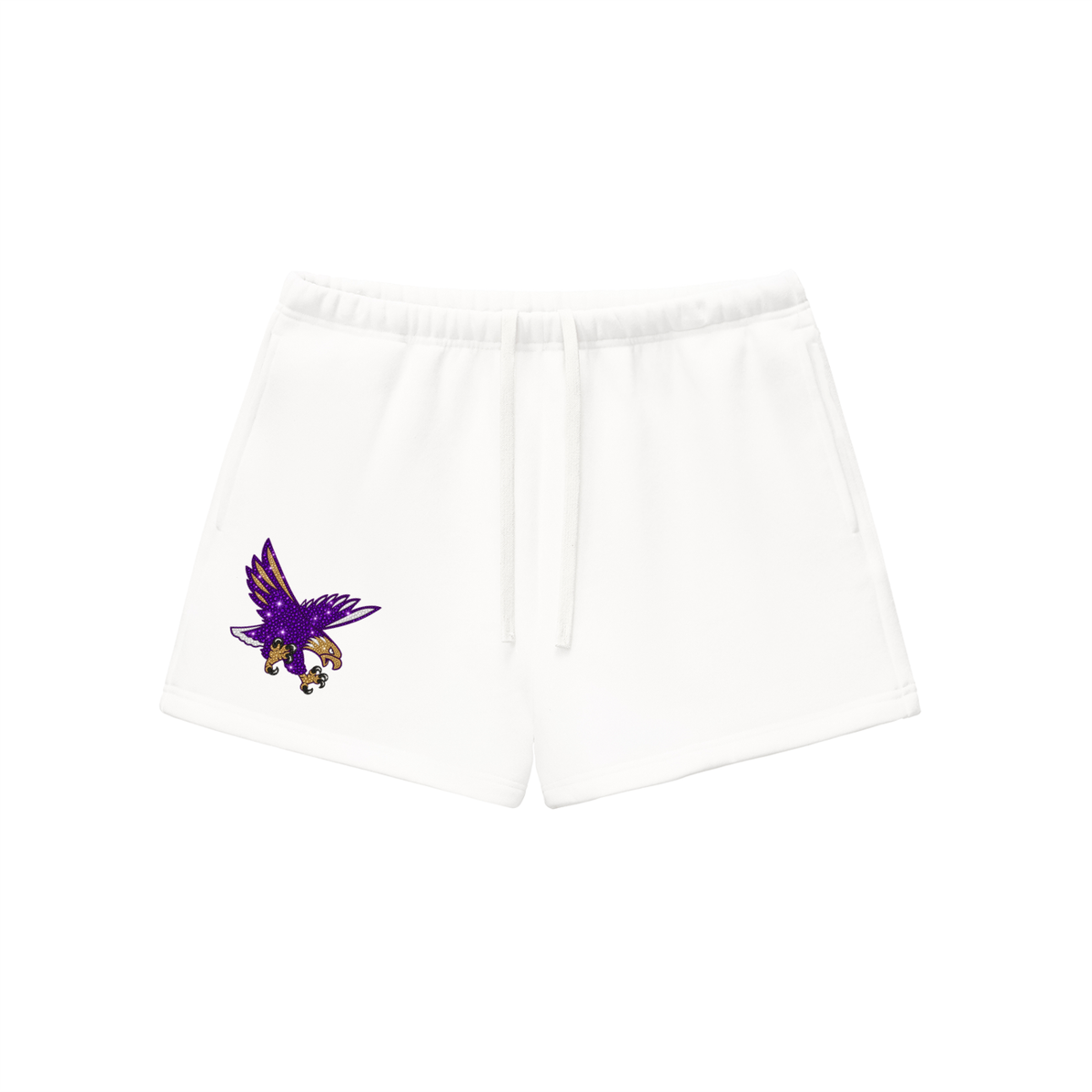 Eagles,mascot,bedazzled,exclusive,purple,gold,shorts