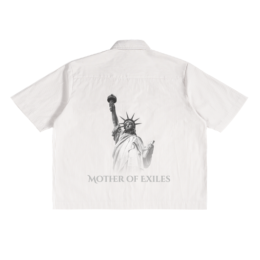 Boxy pinstripe,Button up,Graphic button up,Unisex graphic,Mother of Exiles,Statue of Liberty,Fourth of July,July 4th,Exclusive design 
