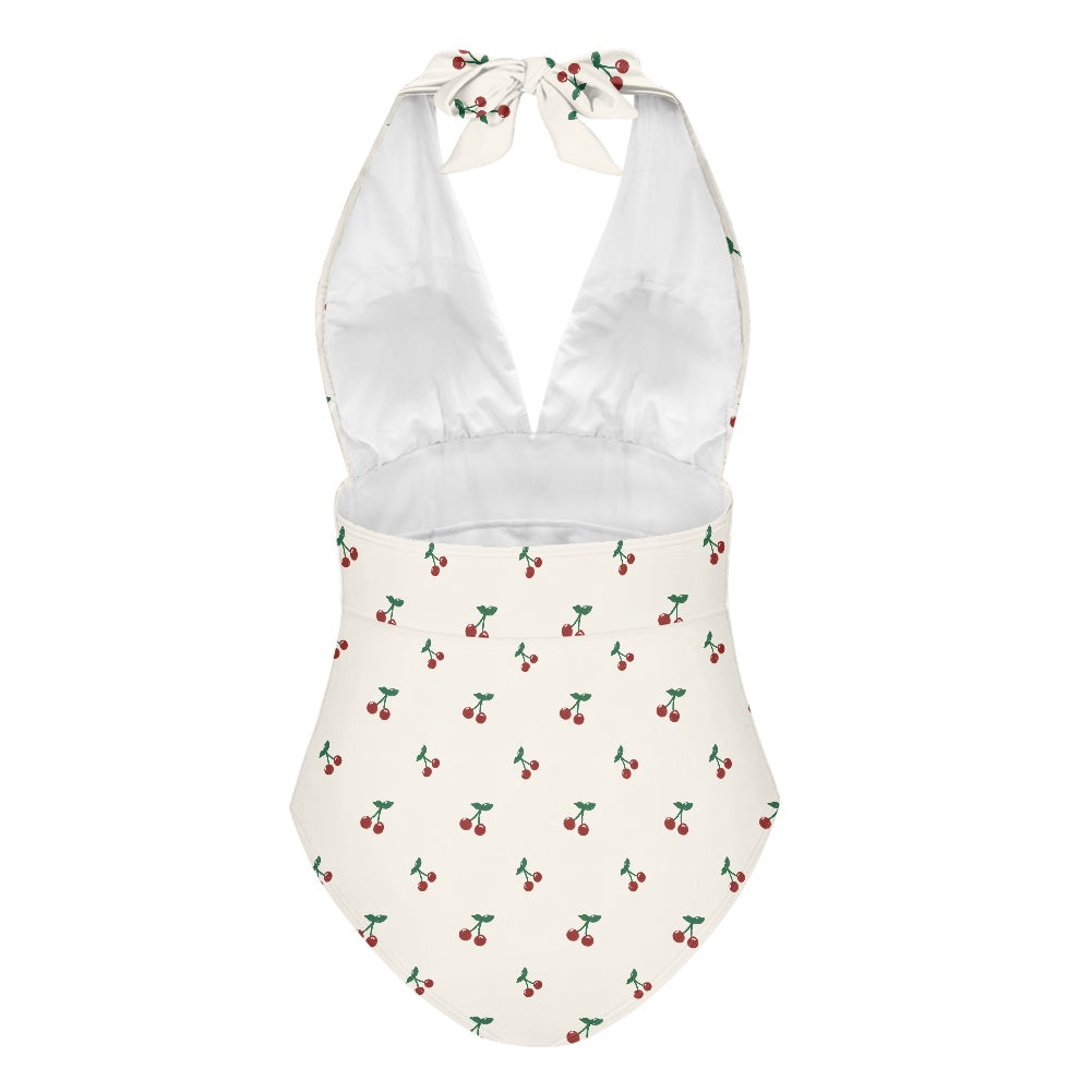 Cherry Print Women's High Cut One-piece Halter Swimsuit