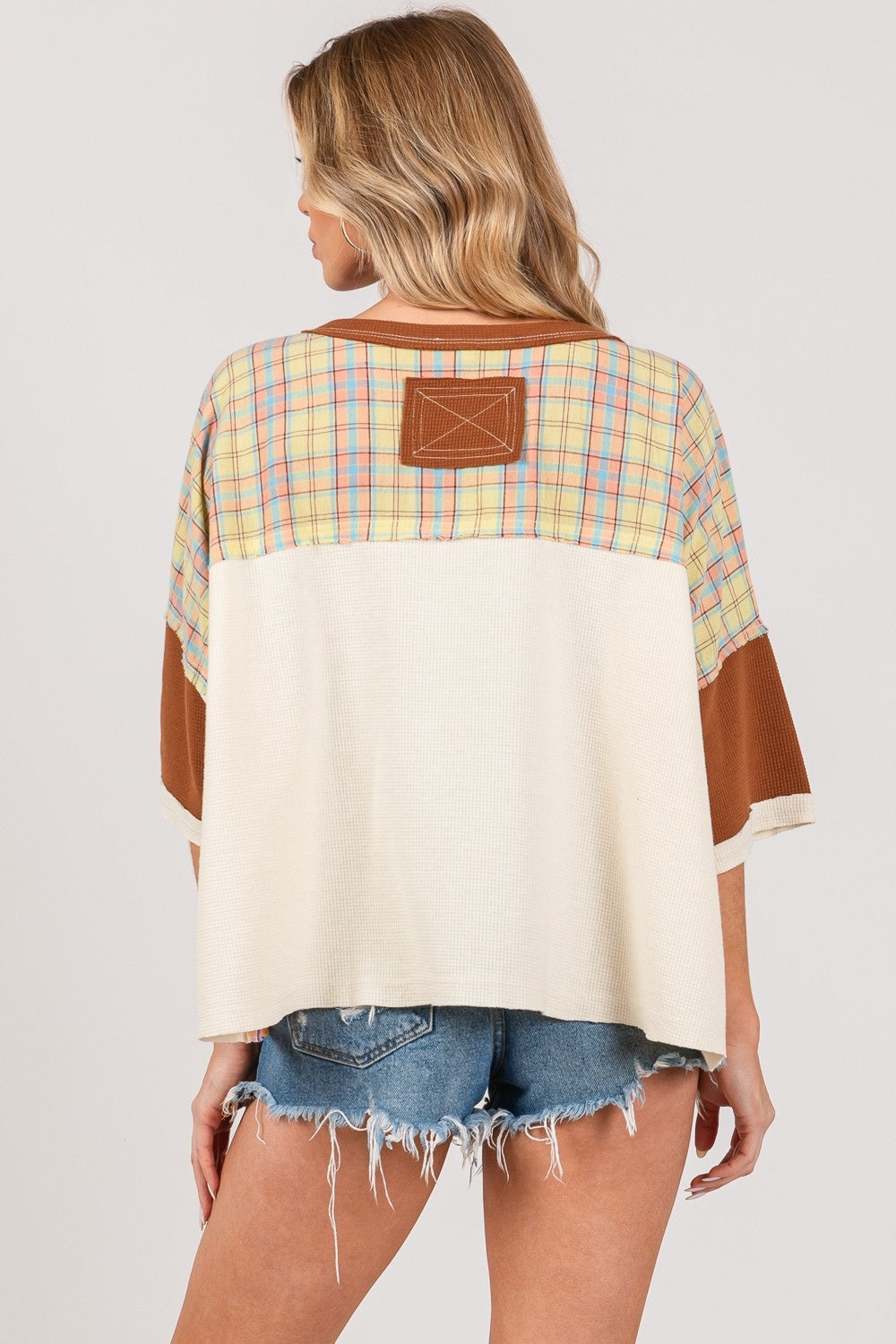 SAGE + FIG Round Neck Plaid Star Patch T-Shirt