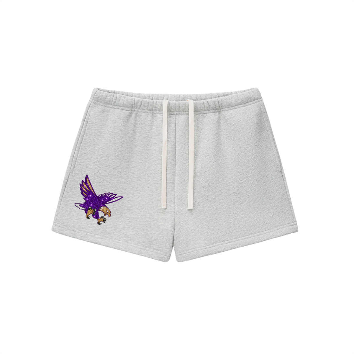 Eagles,mascot,bedazzled,exclusive,purple,gold,shorts