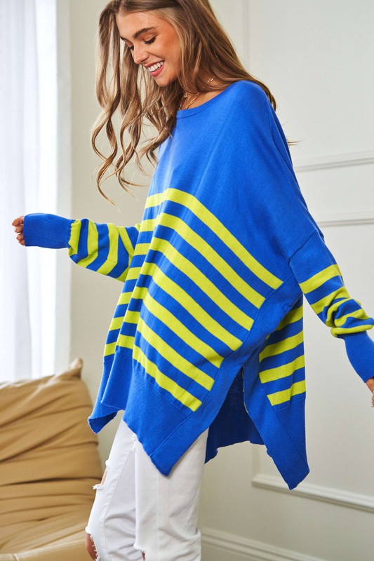 Multi Striped Elbow Patch Loose Fit Sweater Top