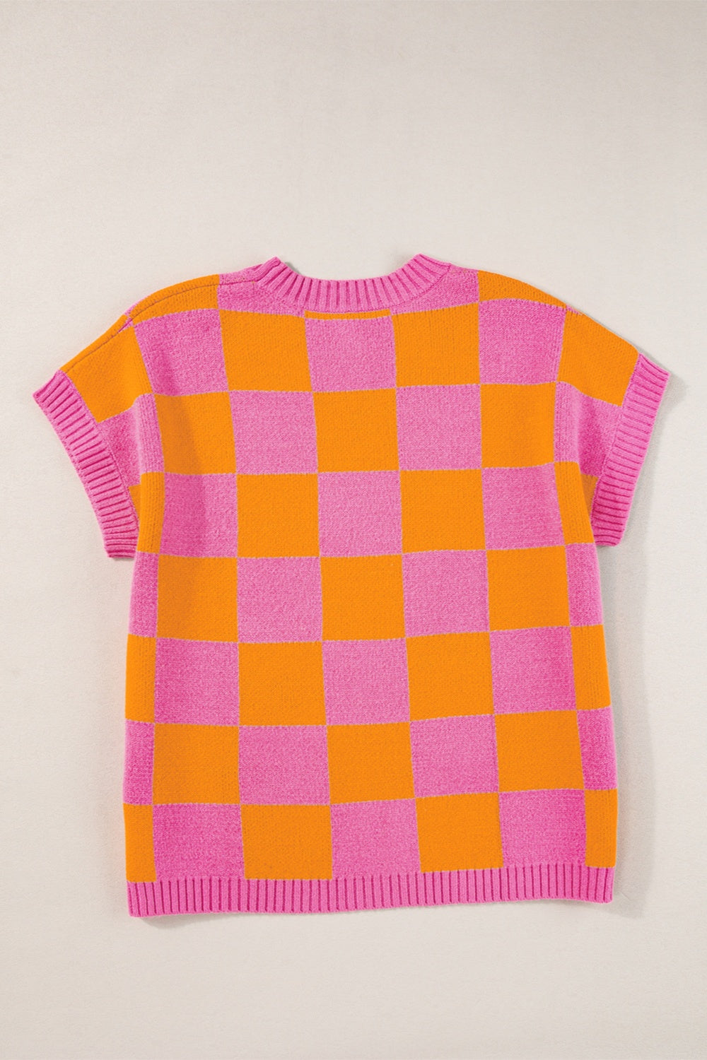 Checkered Round Neck Short Sleeve Sweater