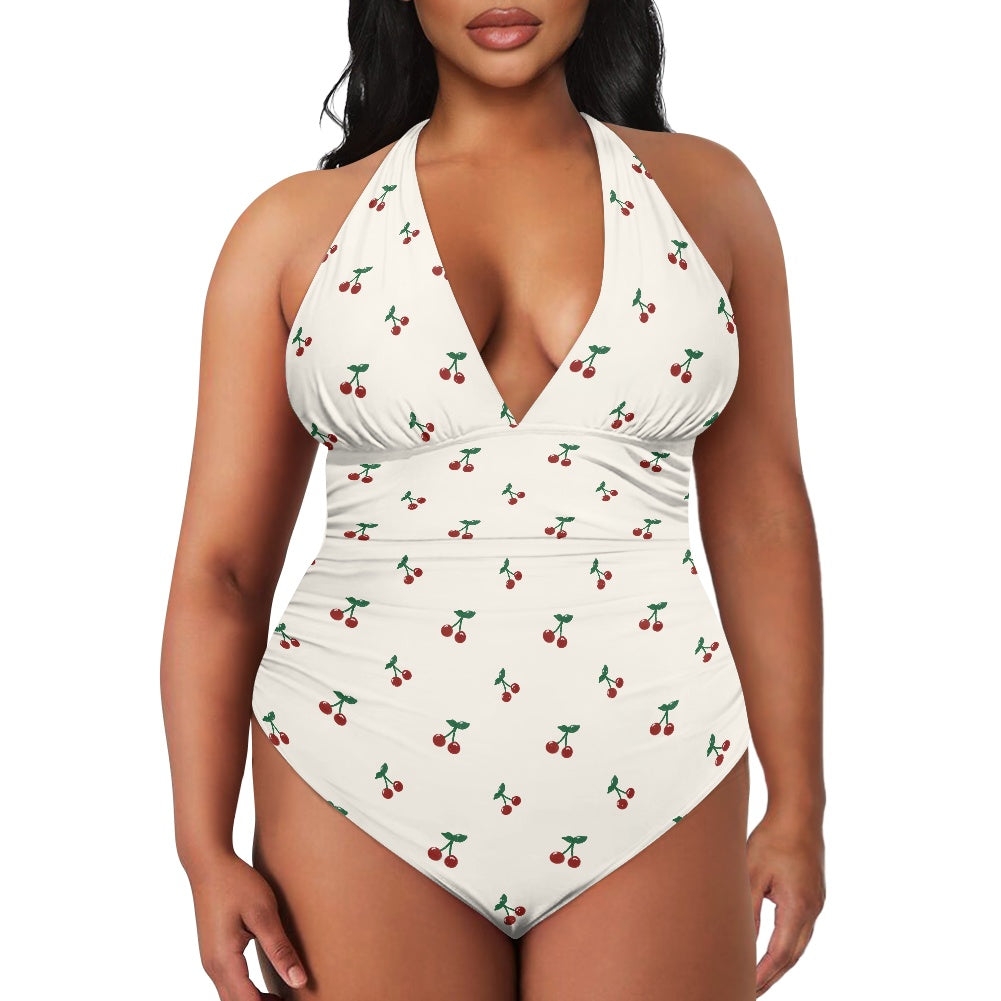 Cherry Print Women's High Cut One-piece Halter Swimsuit