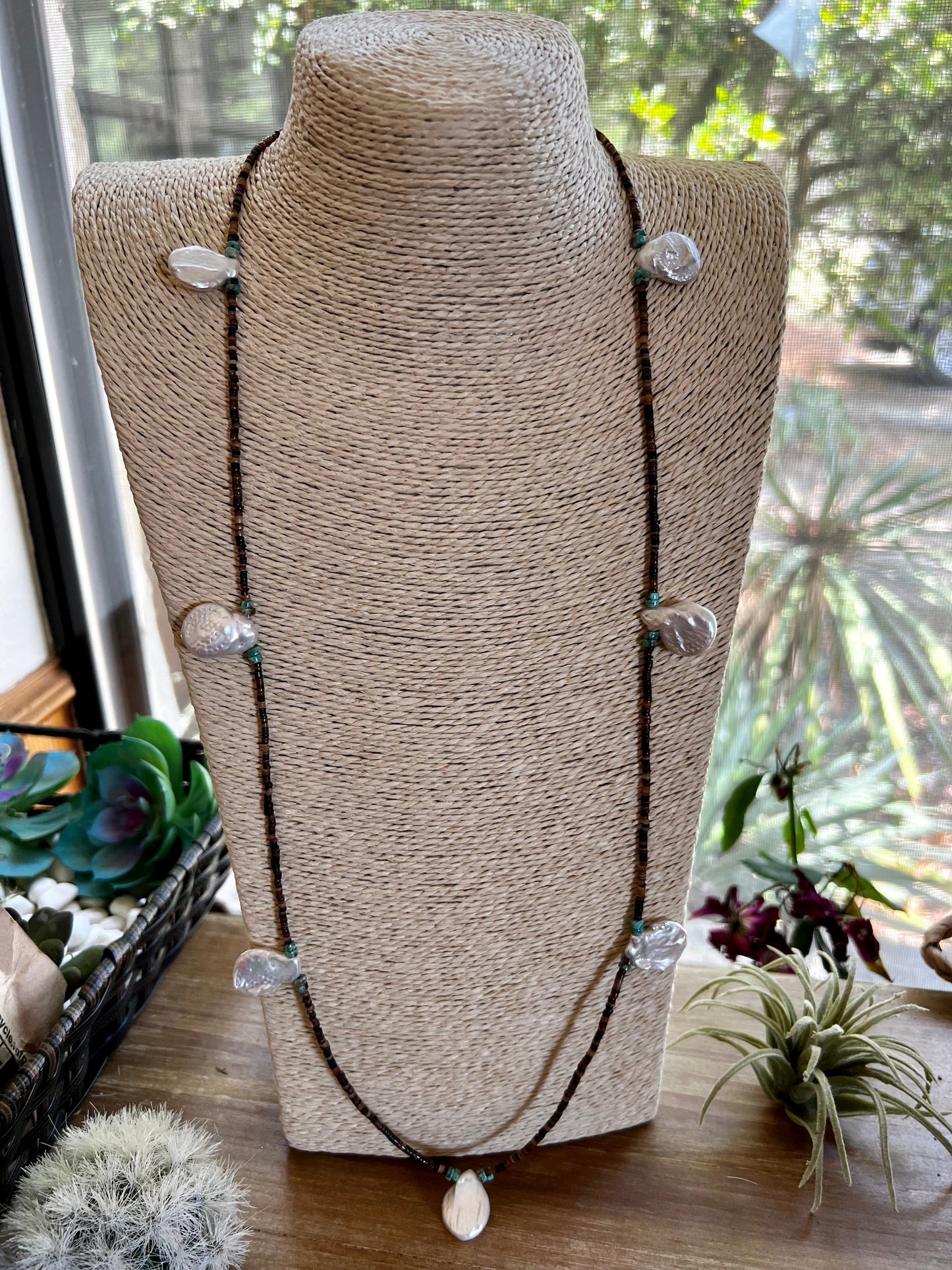 38 inch Freshwater Pearl & Turquoise Heishi Necklace