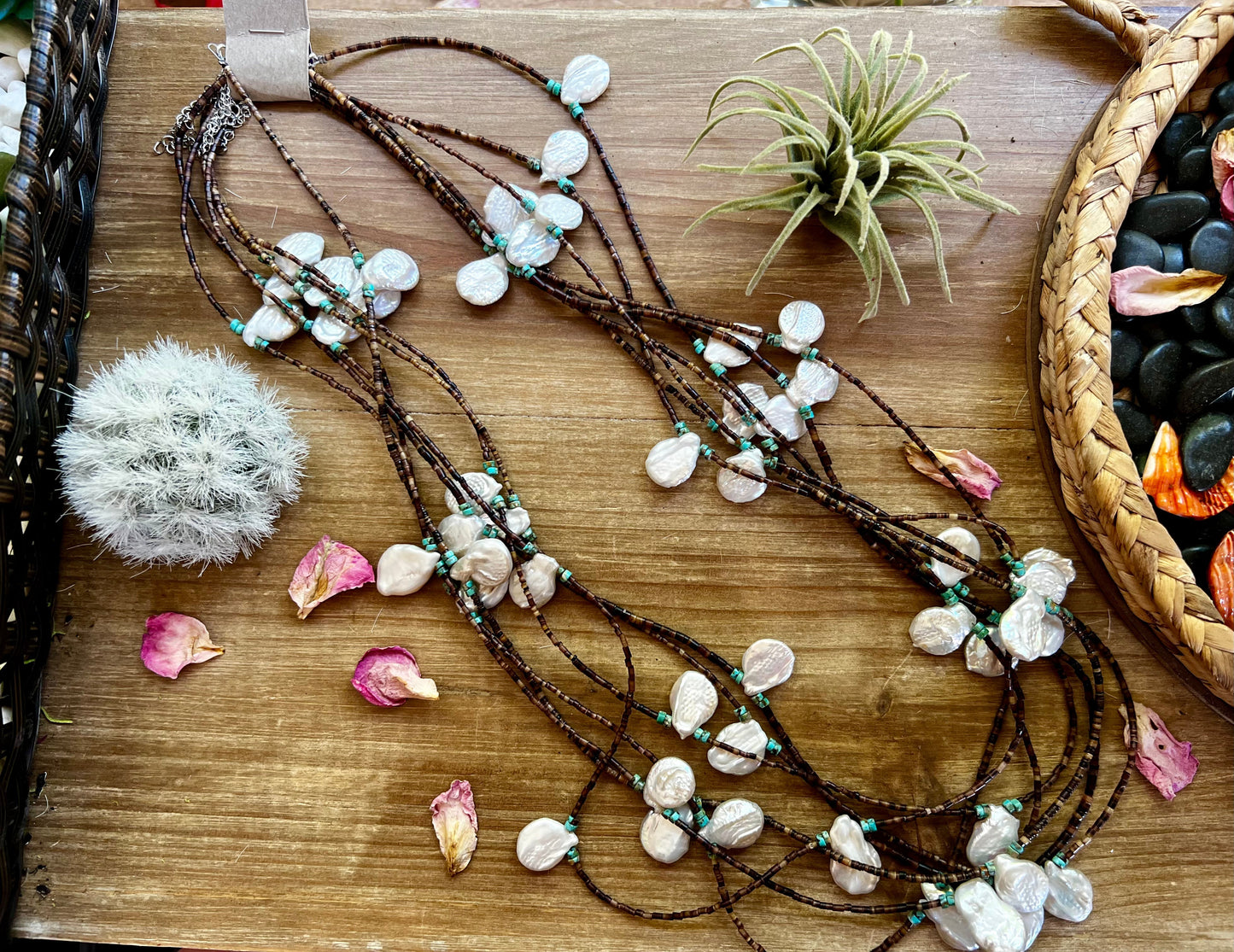 38 inch Freshwater Pearl & Turquoise Heishi Necklace