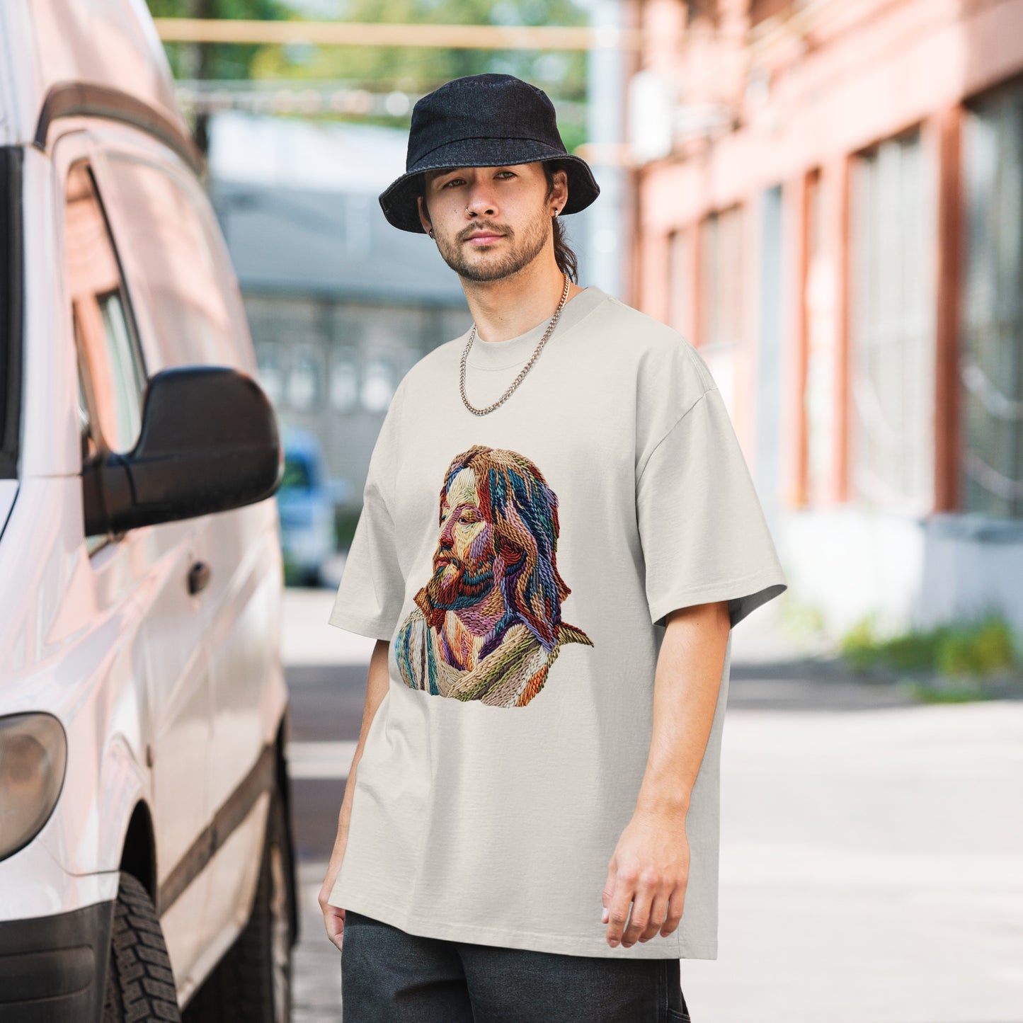 Jesus Faux Embroidery Oversized faded t-shirt