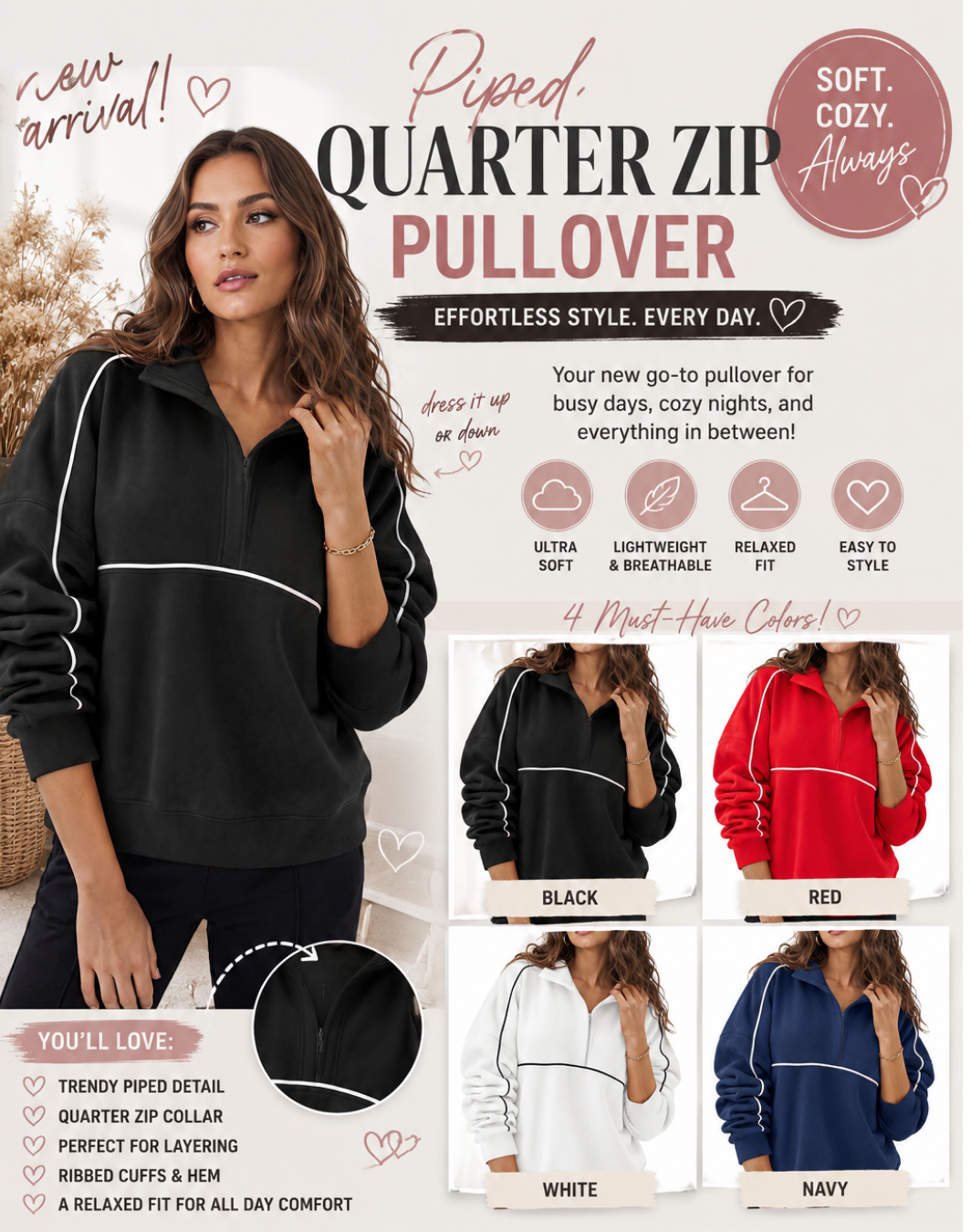 PREORDER: Piped Quarter Zip Pullover  7.27.26 osym
